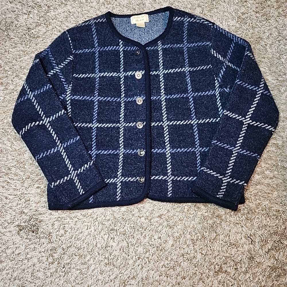 VTG Women's Tally-Ho Blue Plaid 100% Wool Button Up Cardigan Sweater Sz Large